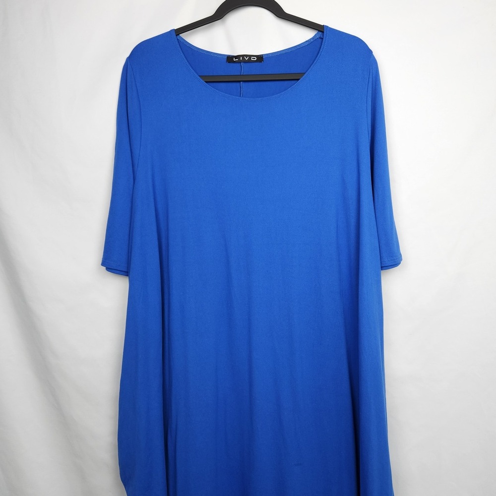 LIVD Dress Women's 1X Diana Bubble Hem‎ Blue Stretch Rayon Pocket Lagenlook